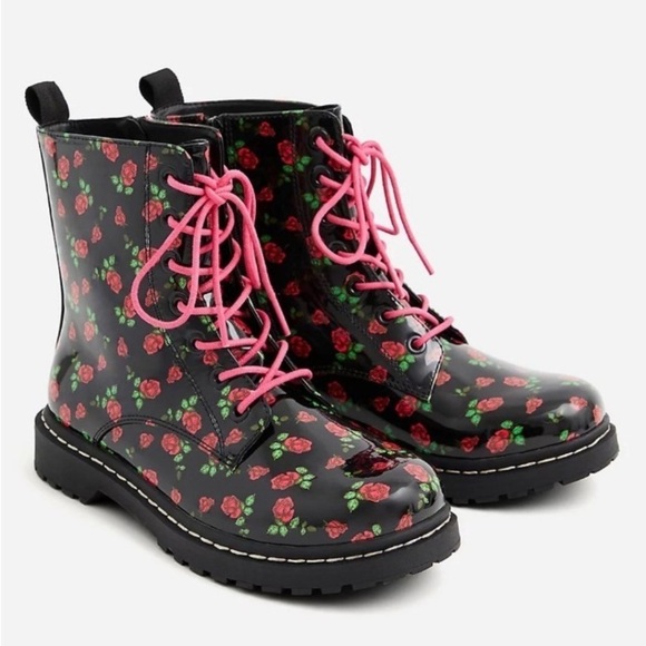 Betsey Johnson Floral Rose Combat Boot Patent Leather 8.5M Rocker Dark Princess - Picture 2 of 16